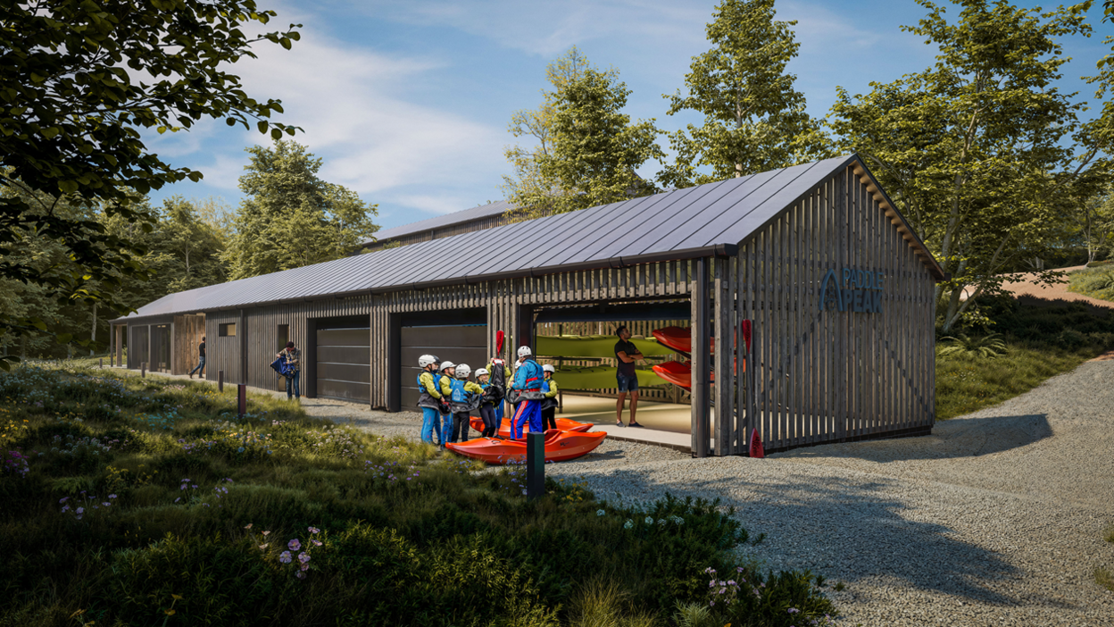 Artists impression of a new community hub and activity base for children to try kayaking in Cromford