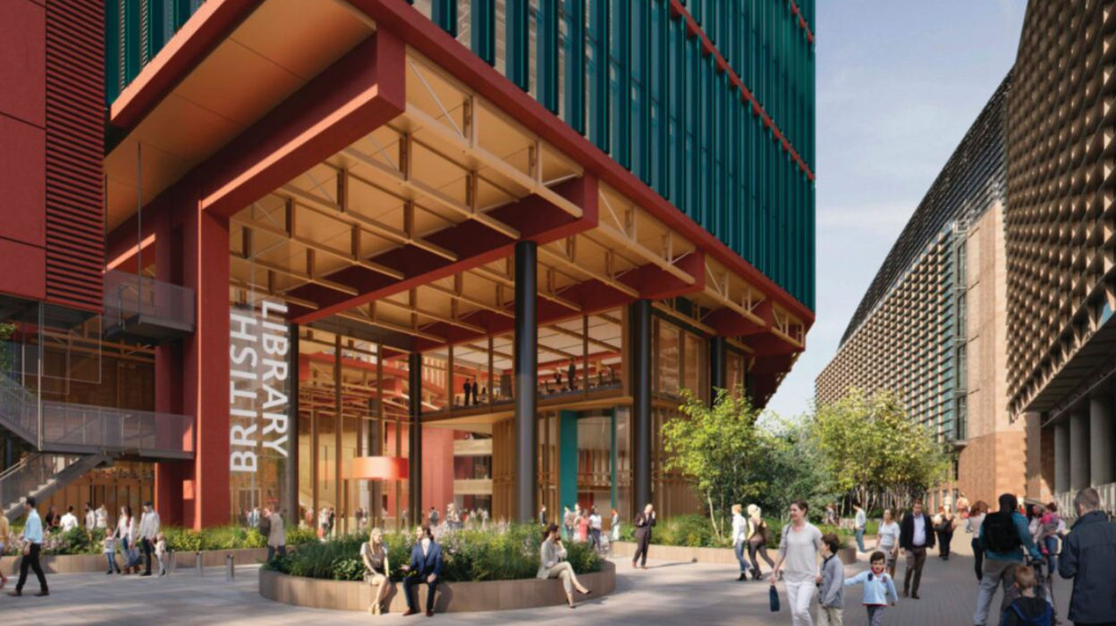 An artist's impression of the frontage for the extended space, featuring an illuminated vertical white sign for the British Library, beneath exposed beams and pillars at the entrance to the building. Wide open paved space with planting and seating can also be seen in the foreground