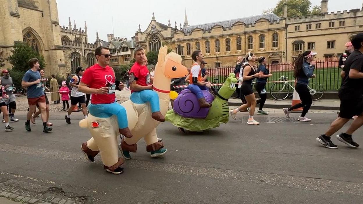 Two men dressed as llama's and one as a snail run next to one another.