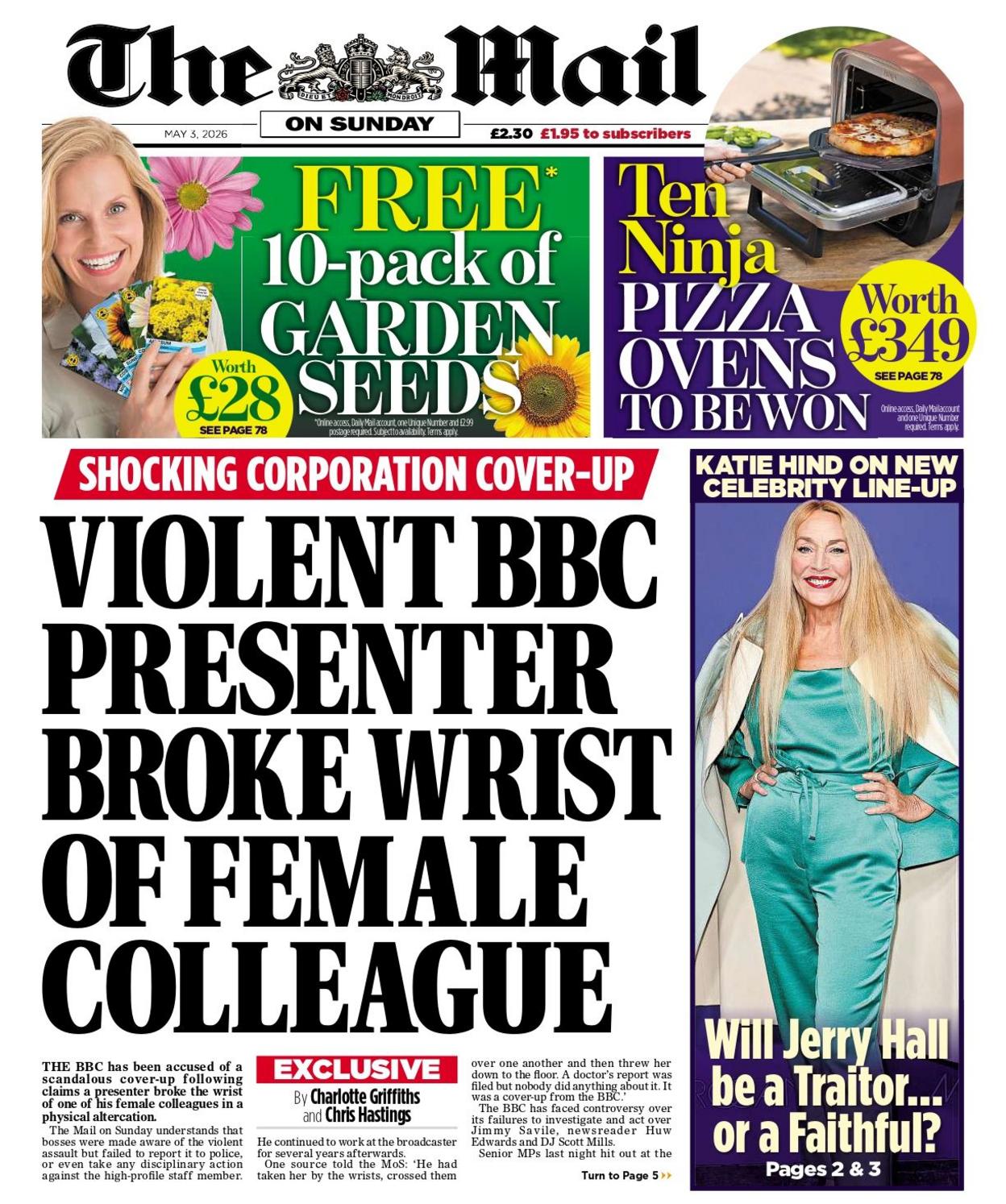 “Prezantuesi i dhunshëm i BBC-së i theu kyçin e dorës koleges së tij”, thuhet në titullin kryesor të faqes së parë të gazetës Mail on Sunday.