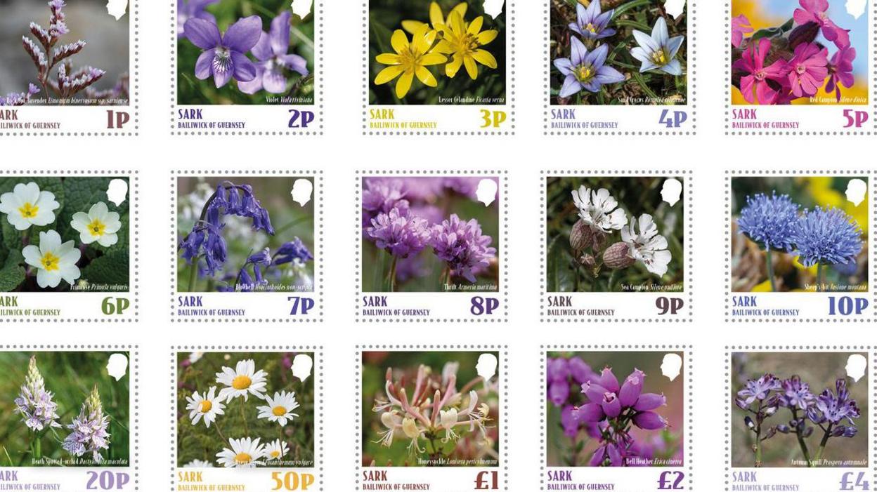 A picture of the stamps featuring the array of flowers. There are 15 stamps pictured. All of different colours. 