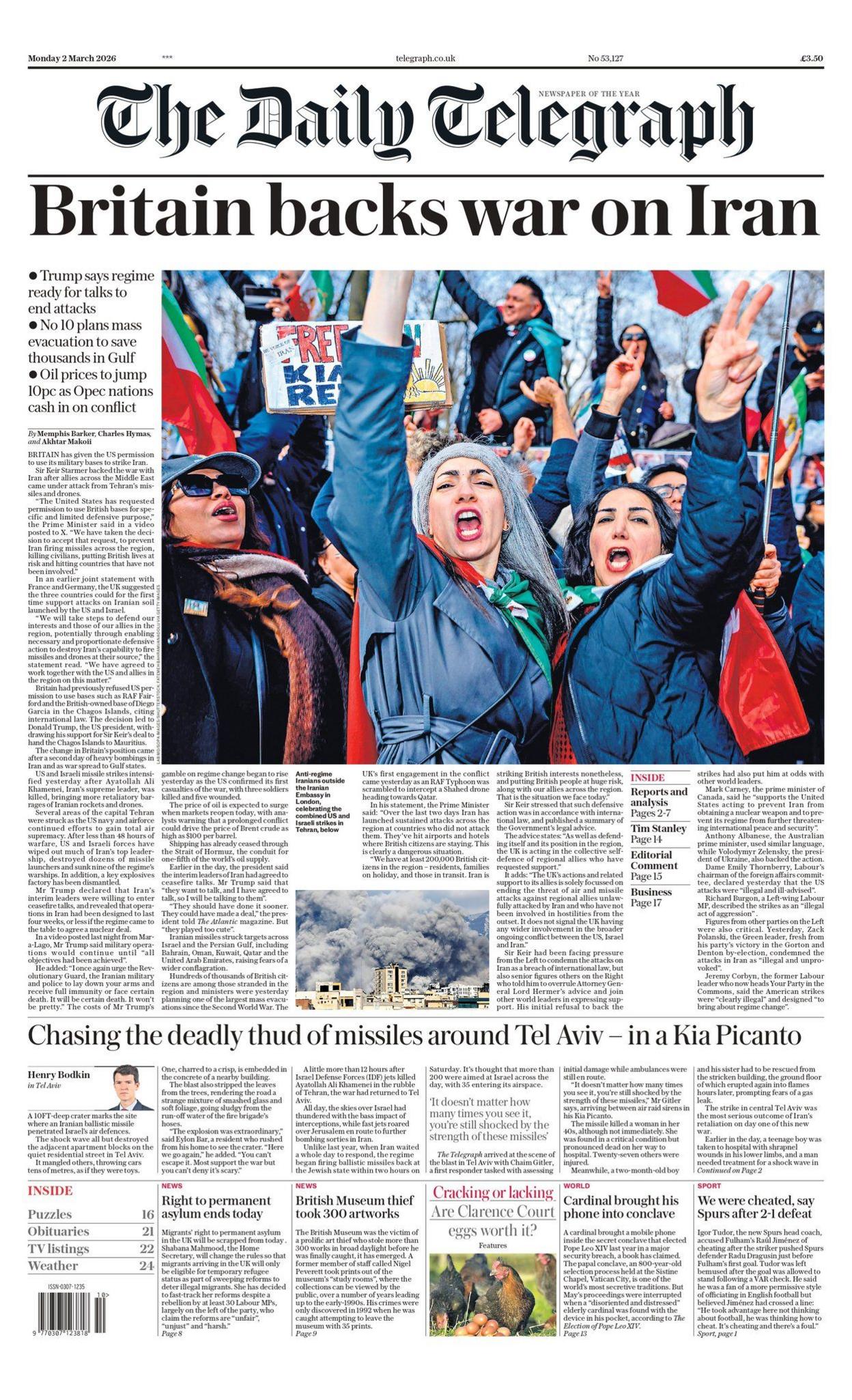 Titulli në faqen e parë të Daily Telegraph thotë: “Britania mbështet luftën kundër Iranit”.