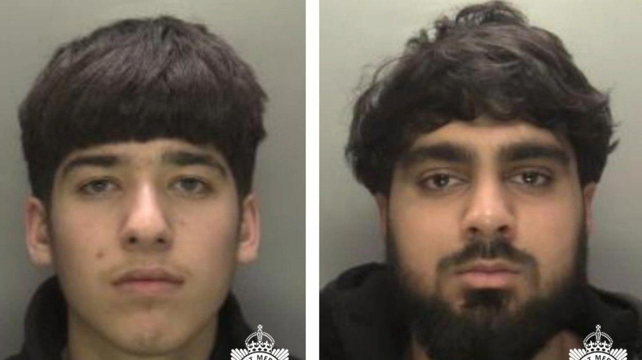 A police image of two defendants both with short, dark hair. The defendant on the left is clean shaven while the man on the right has a thick, black beard. 