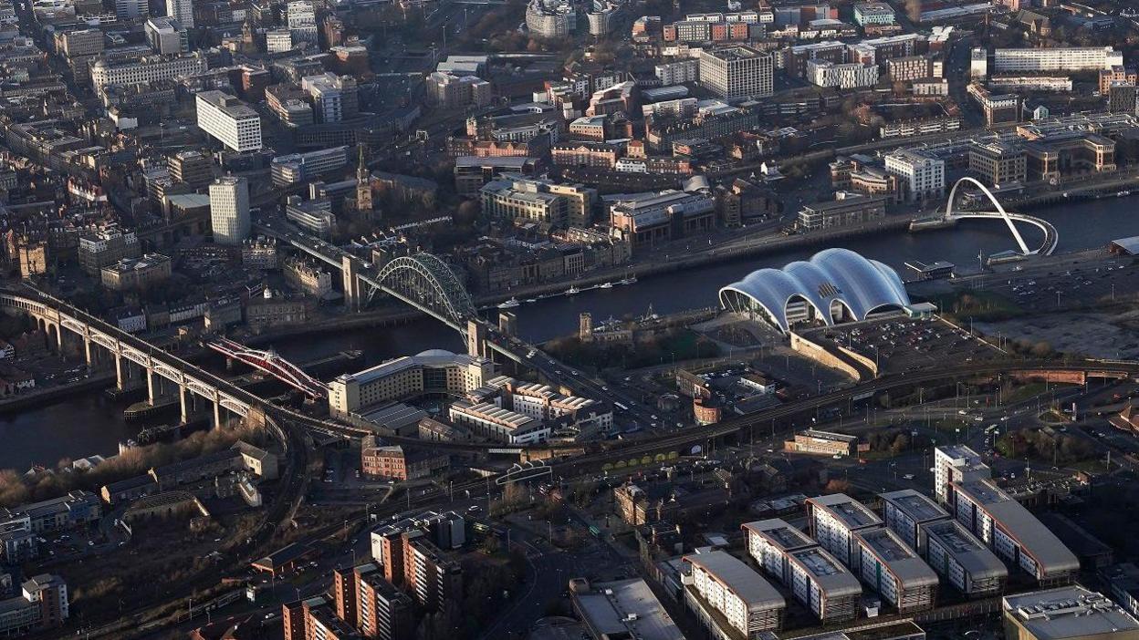 An aerial view of the bridges across the River Tyne.