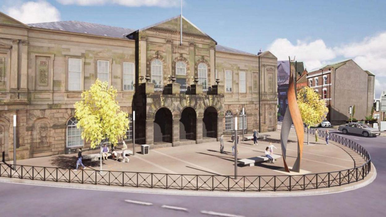 A computer-generated image of the proposed public square in front of Longton Town Hall shows a pedestrianised area in front of the municipal building, with benches, trees and a public artwork.