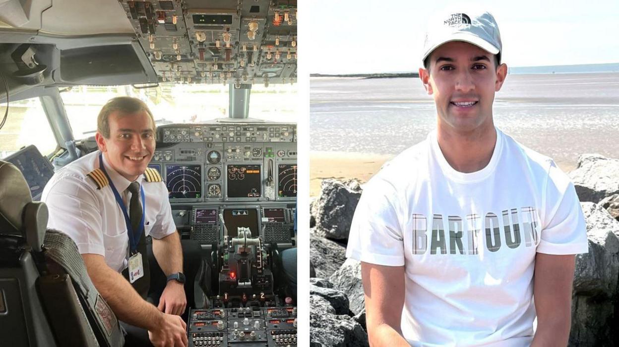 Composite picture of Matt Greenhalgh on a plane's flight deck and Jamie Fernandes on a beach