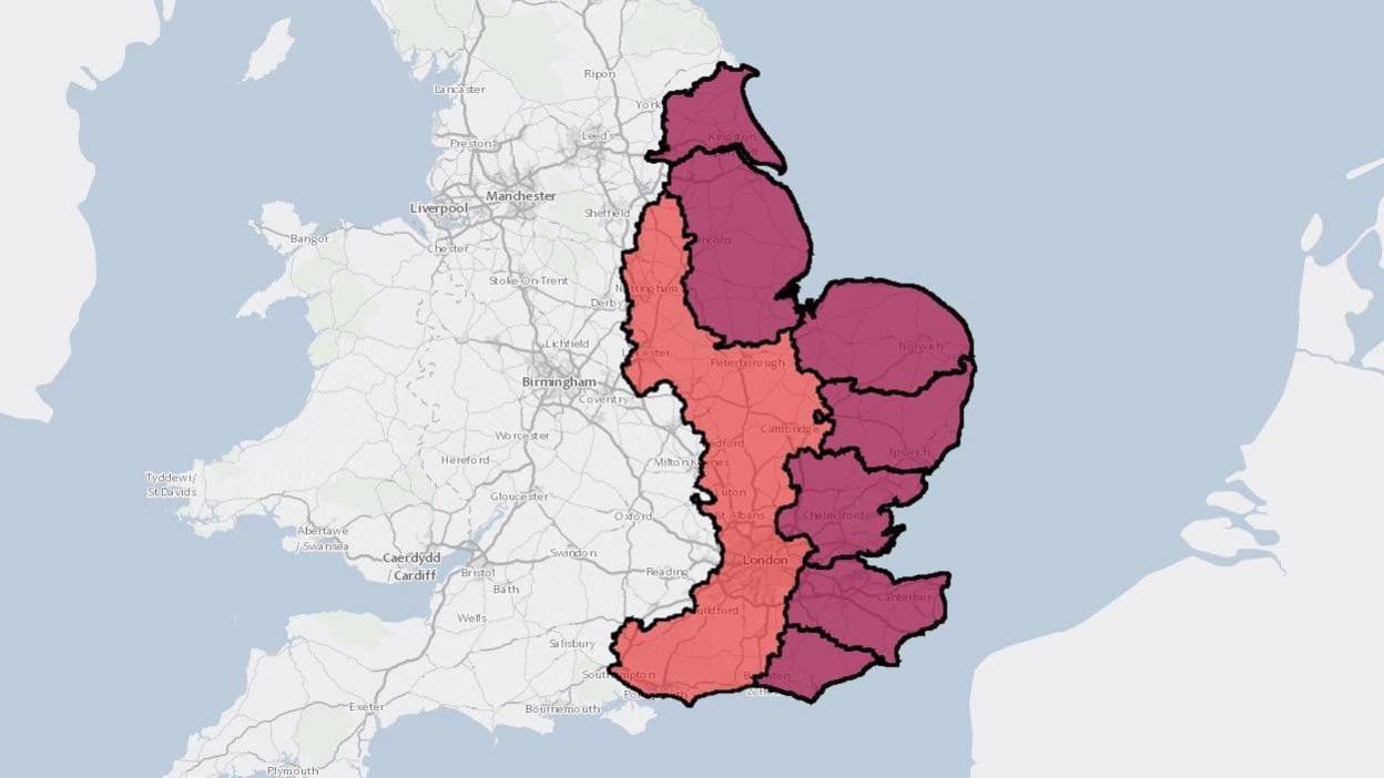 A map showing high-risk areas right up the east coast of England from Kent and Sussex up to East Yorkshire, and a band of lower-risk areas from Hampshire to Nottinghamshire.