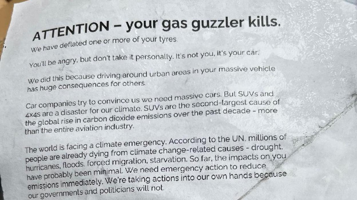 The activists left this leaflet on the windscreens of the vehicles they targeted