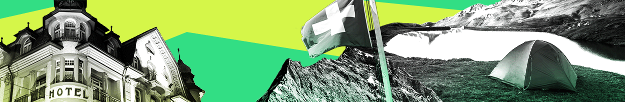 Banner with green colours. There's an image of a hotel on one side and a tent on the other surrounded by a mountain and beautiful lake.