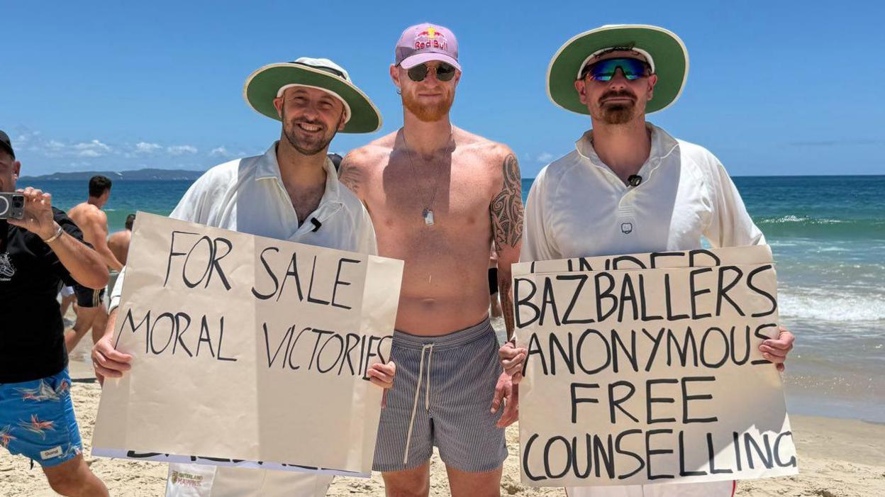 Ben Stokes with MixFM radio hosts Archie and Bretz