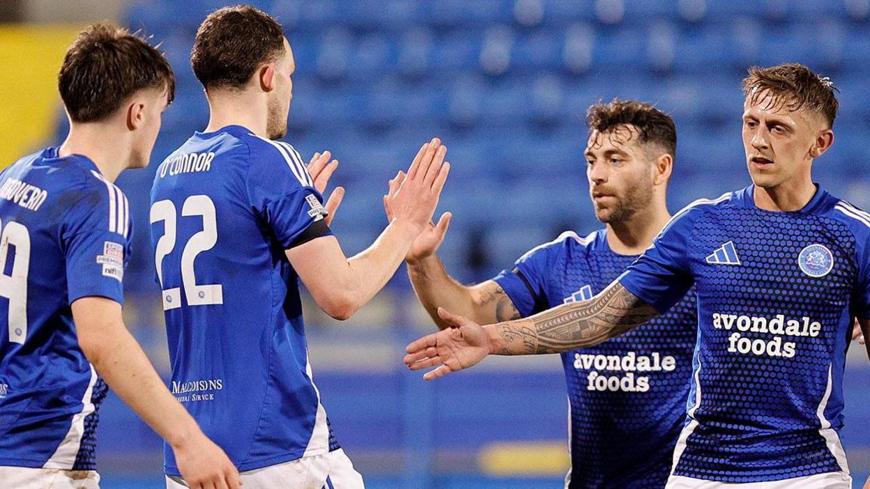 Glenavon celebrate Michael O'Connor's goal