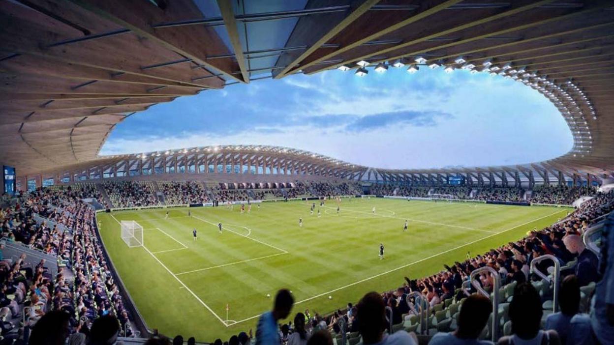 Artist's impression of the new stadium full of supporters watching a football match