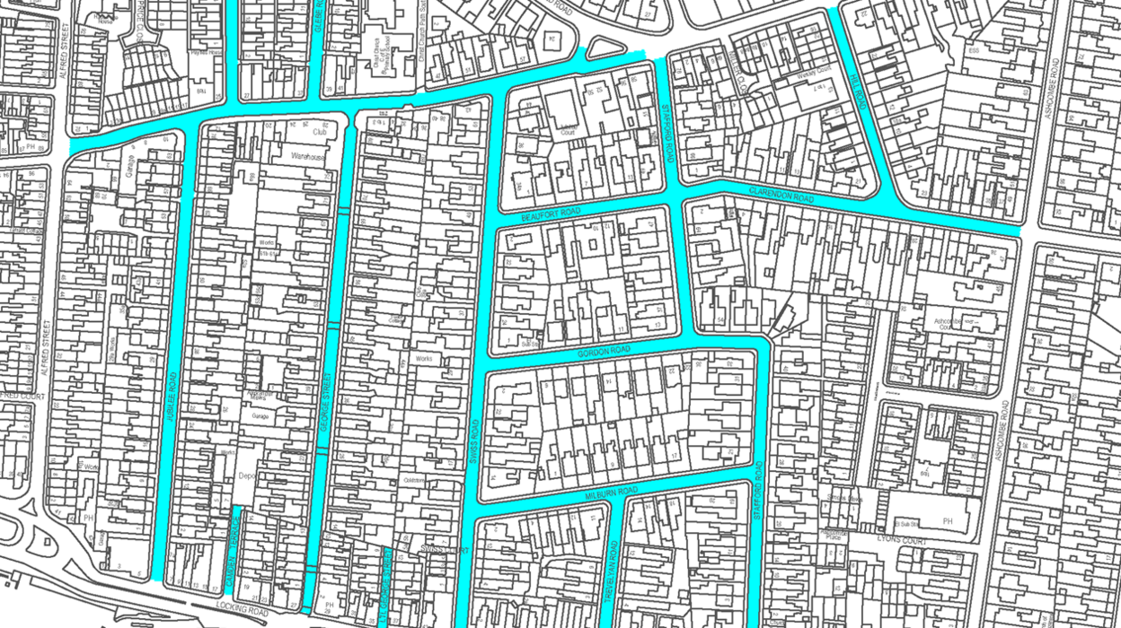 A map of streets in Weston-super-Mare with the streets due to be part of the pilot coloured in blue. 