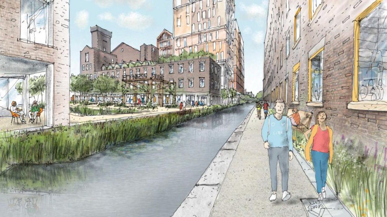 An artist's sketch of a man and a woman walking along the side of a canalflanked by redeveloped buildings, including an historical warehouse and mill which has been repurposed into flats. 