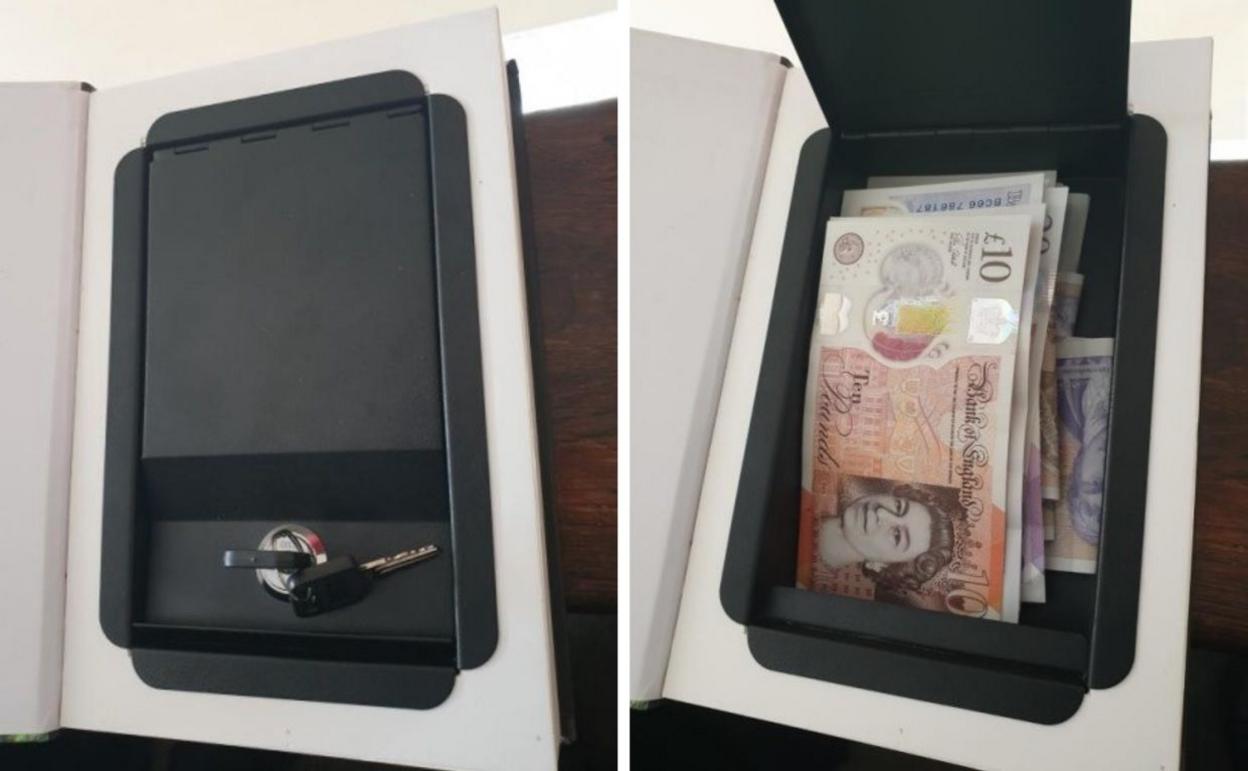 A composite picture showing a book safe. The picture on the left shows the a closed black door on the safe with a key in the lock. The safe door is open in the picture on the right, showing a pile of cash.