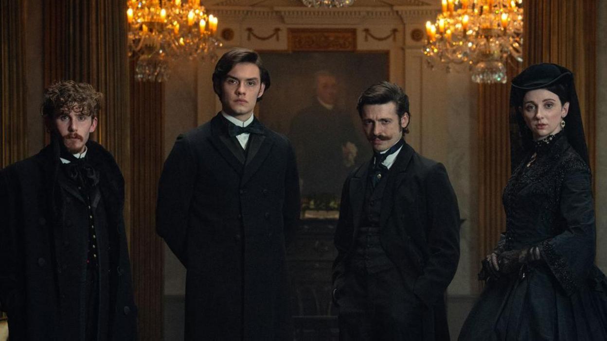 Fionn O'Shea, Louis Partridge, Anthony Boyle, Emily Fairn as their characters in House of Guinness wearing Victorian dress 