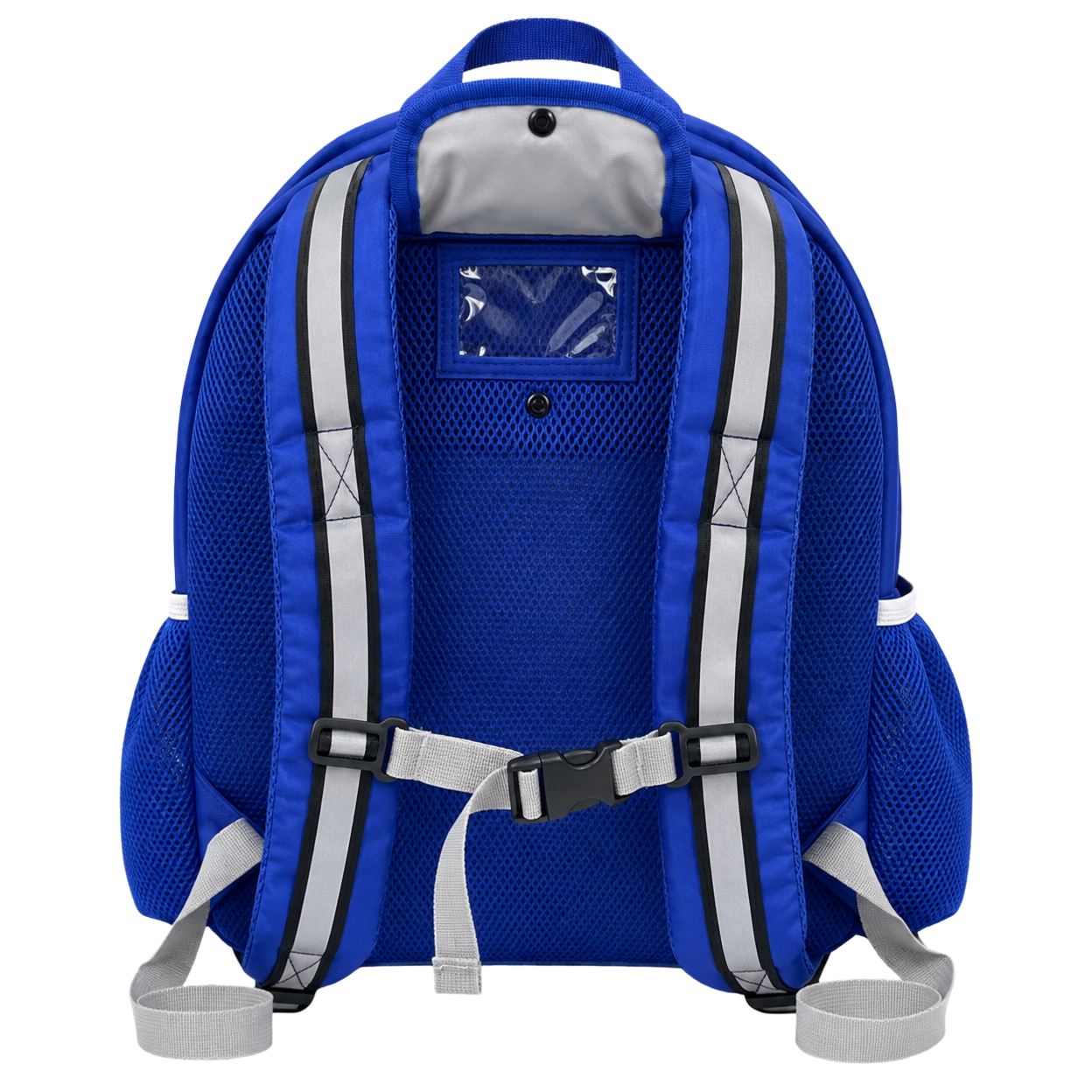 A royal blue backpack, pictured from the back - the straps are blue and grey