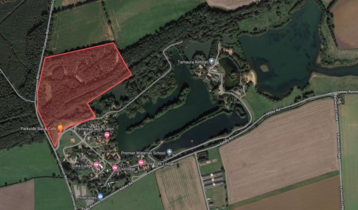 Google maps image showing the area of Pentney Woods which will be developed in this case. 