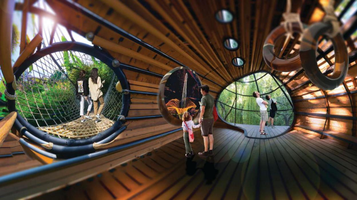 Artist's impression of families looking at the eco attraction. It features a wooden hut with viewing platforms and big open rope bridge walkways that couples are walking across.