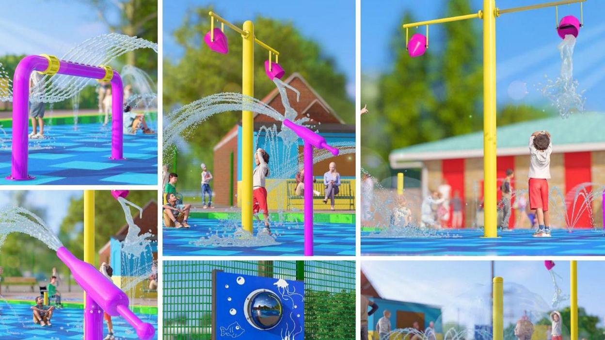 A composite image of a number of different elements inside the splash park, These include a number of brightly-coloured water cannons and fountains, as well as a tipping bucket feature.  