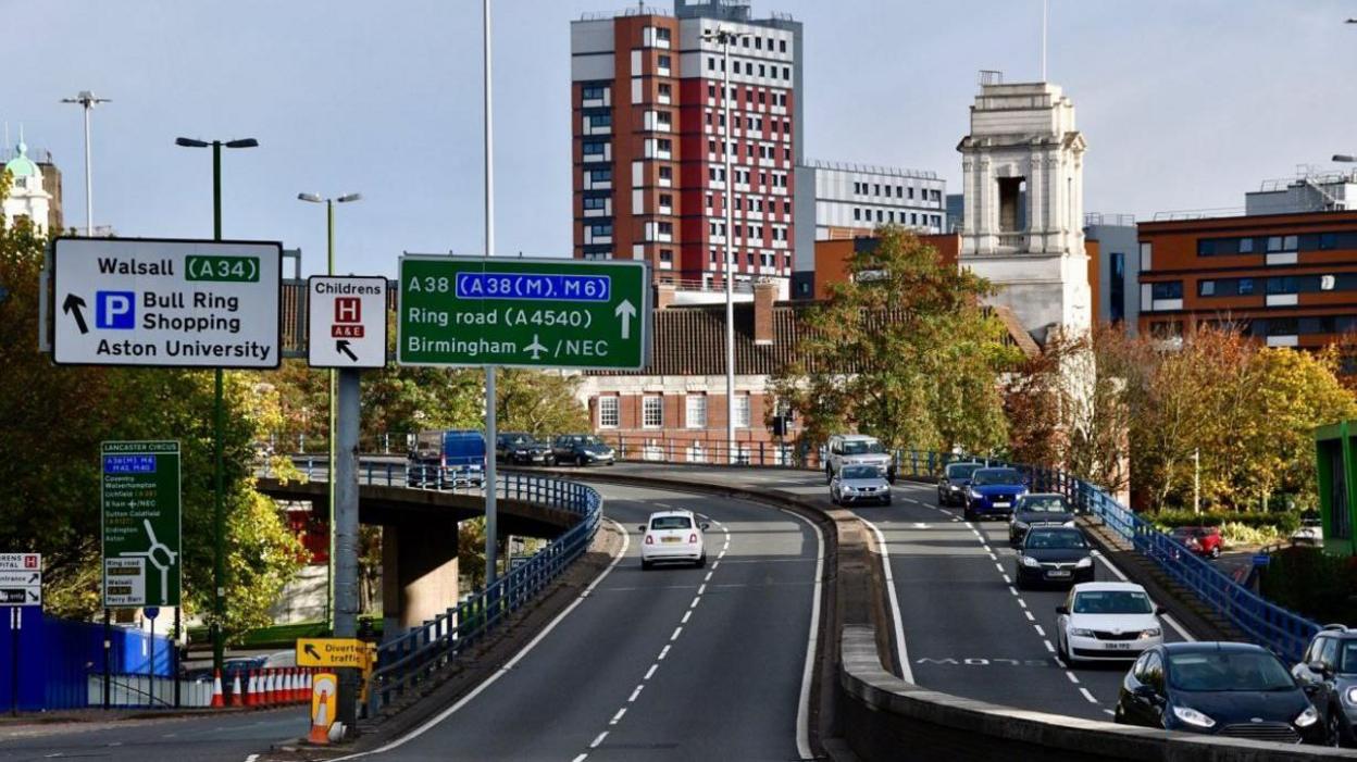 Birmingham's ring road, showing cars queuing on the approach to a junction and signs for Walsall, Bull Ring, Aston University, Birmingham Airport, the NEC and motorways