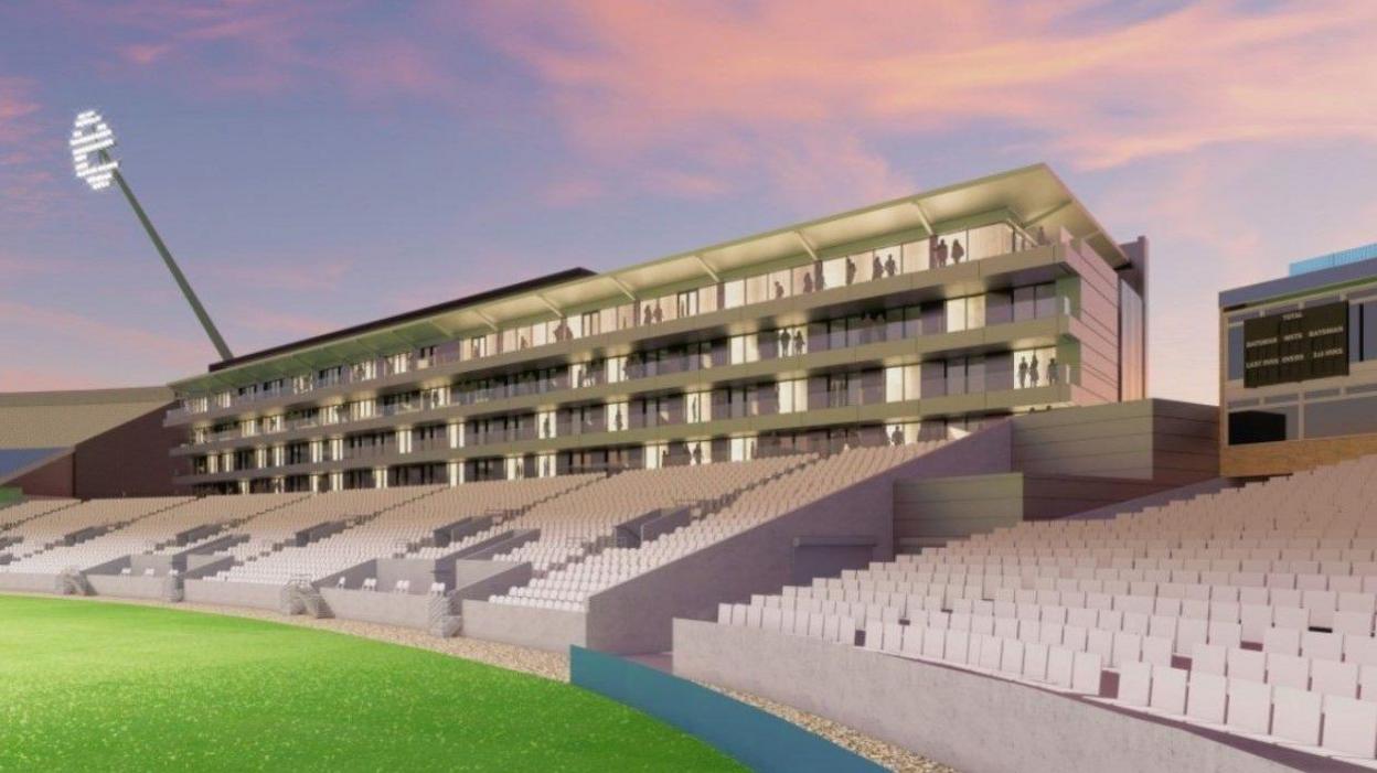 This is what the proposed hotel and stand at Edgbaston Stadium could look like. The hotel is behind the uncovered seating that is nearer to the pitch. A set of floodlights on top of a pole is on the left.