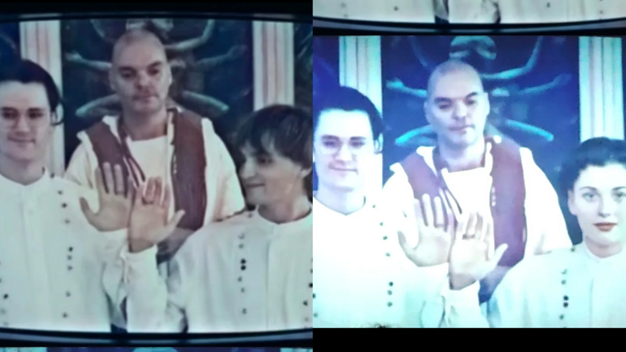 A composite image shows two men in white suits raising their hands with rings on their ring fingers (left), and a man and a woman in the same pose and outfits (right).