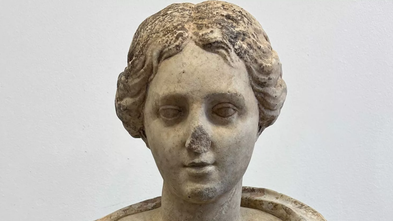 The head of a statue of a woman. The nose has been chipped off in part. 