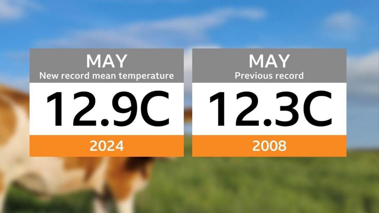 Graphic showing the average temperature in May 2024 was 12.9 degrees, and in 2008 it was 12.3 degrees.