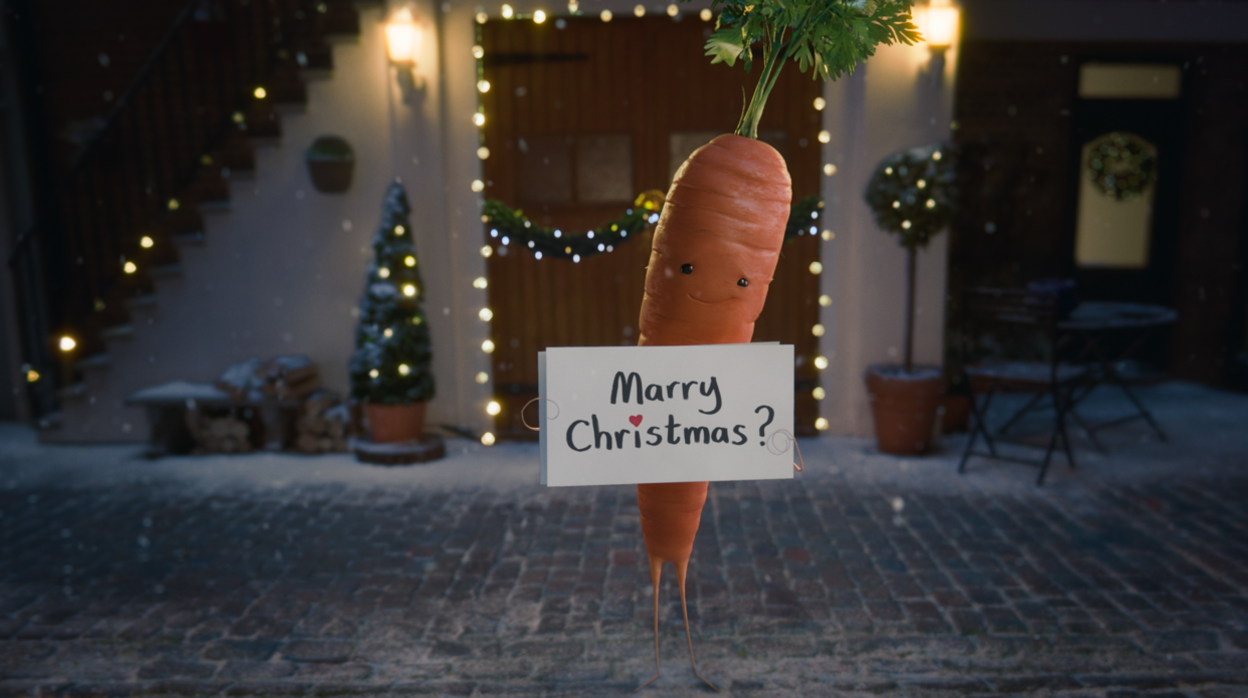 Kevin the Carrot is back holding a Marry Christmas sign