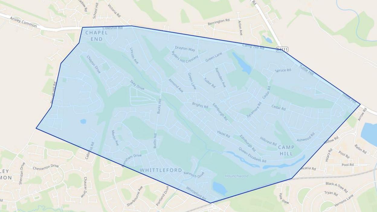 A map of Nuneaton that has a blue, shaded shape over the top of three areas marking a boundary of where a dispersal order is in place.