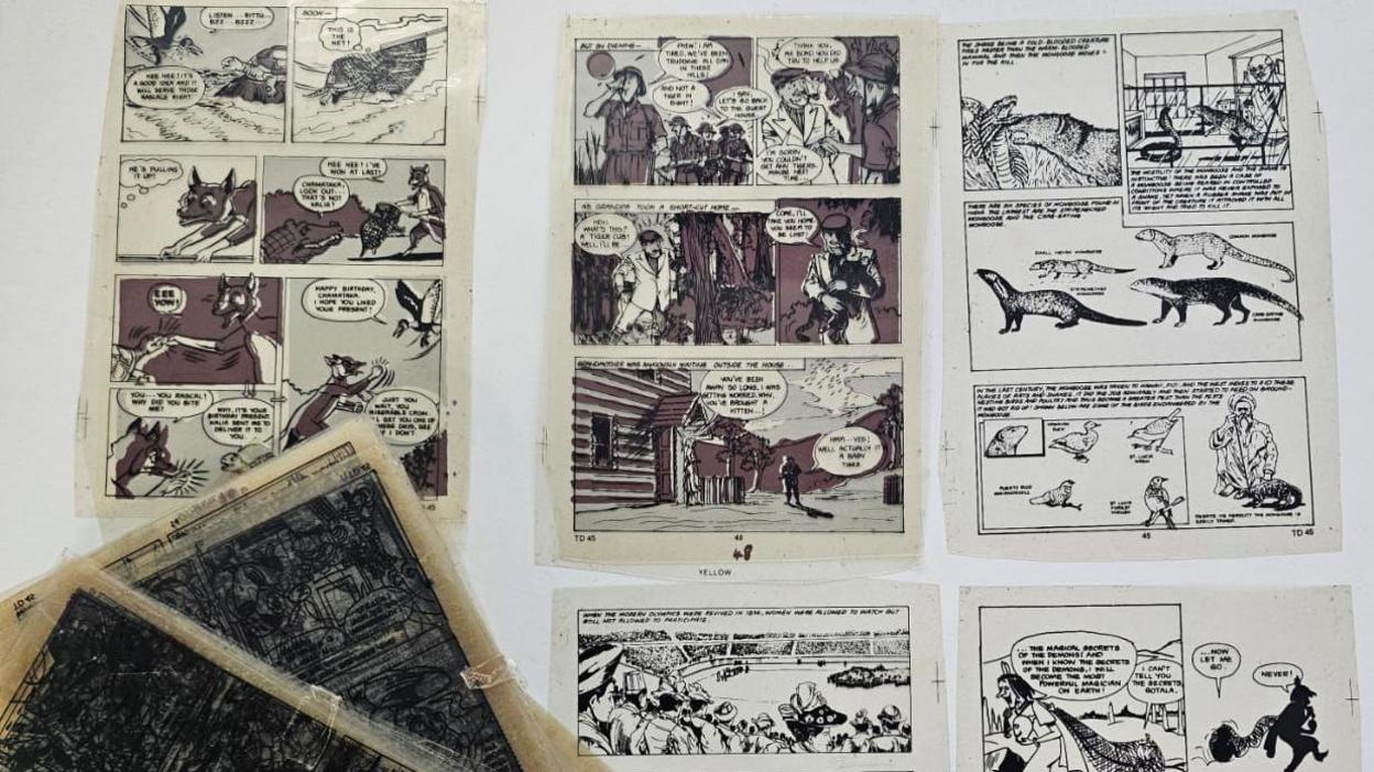 Pages from old editions of Amar Chitra Katha and Tinkle strewn on a white surface.