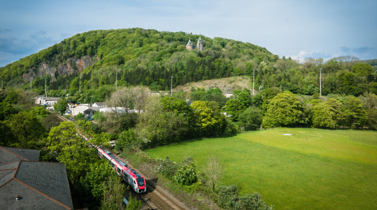 A train travels on a train track