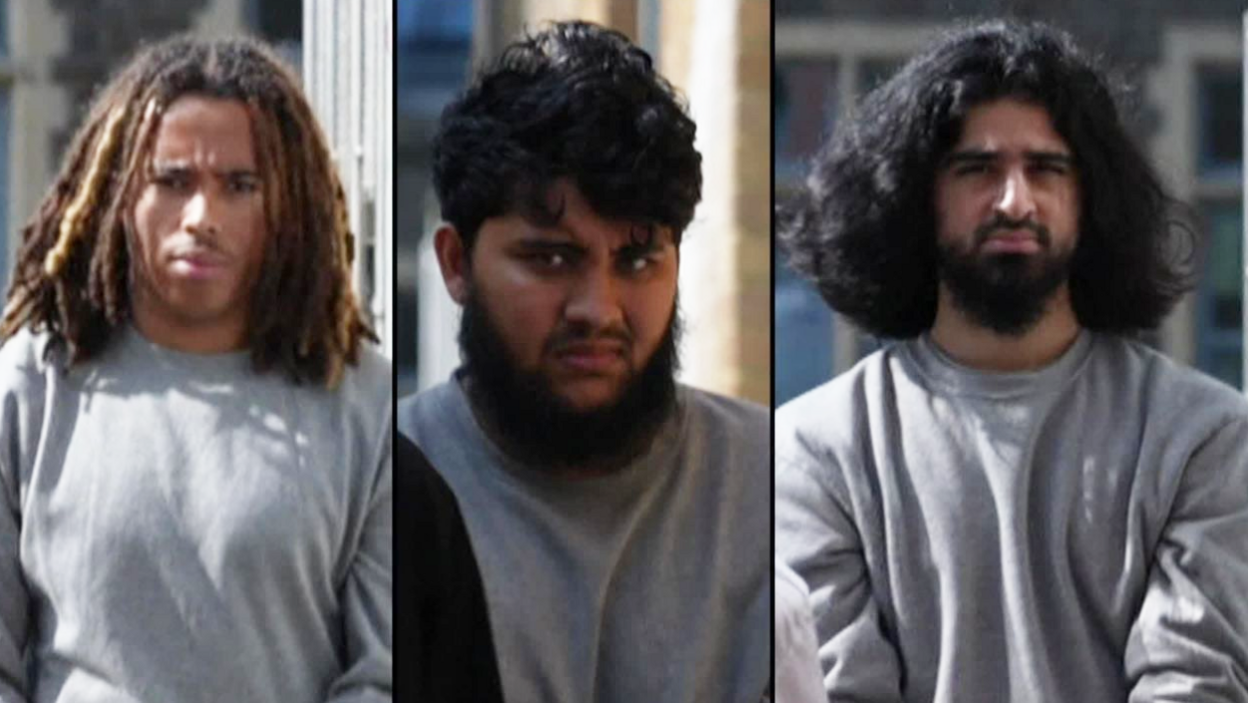 Composite image of Elijah Ogunnubi-Sime (left), Mohammad Comrie (centre) and Faiz Shah (right) in grey sweatshirts