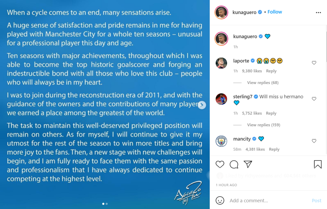 Sergio Aguero's announcement on Instagram