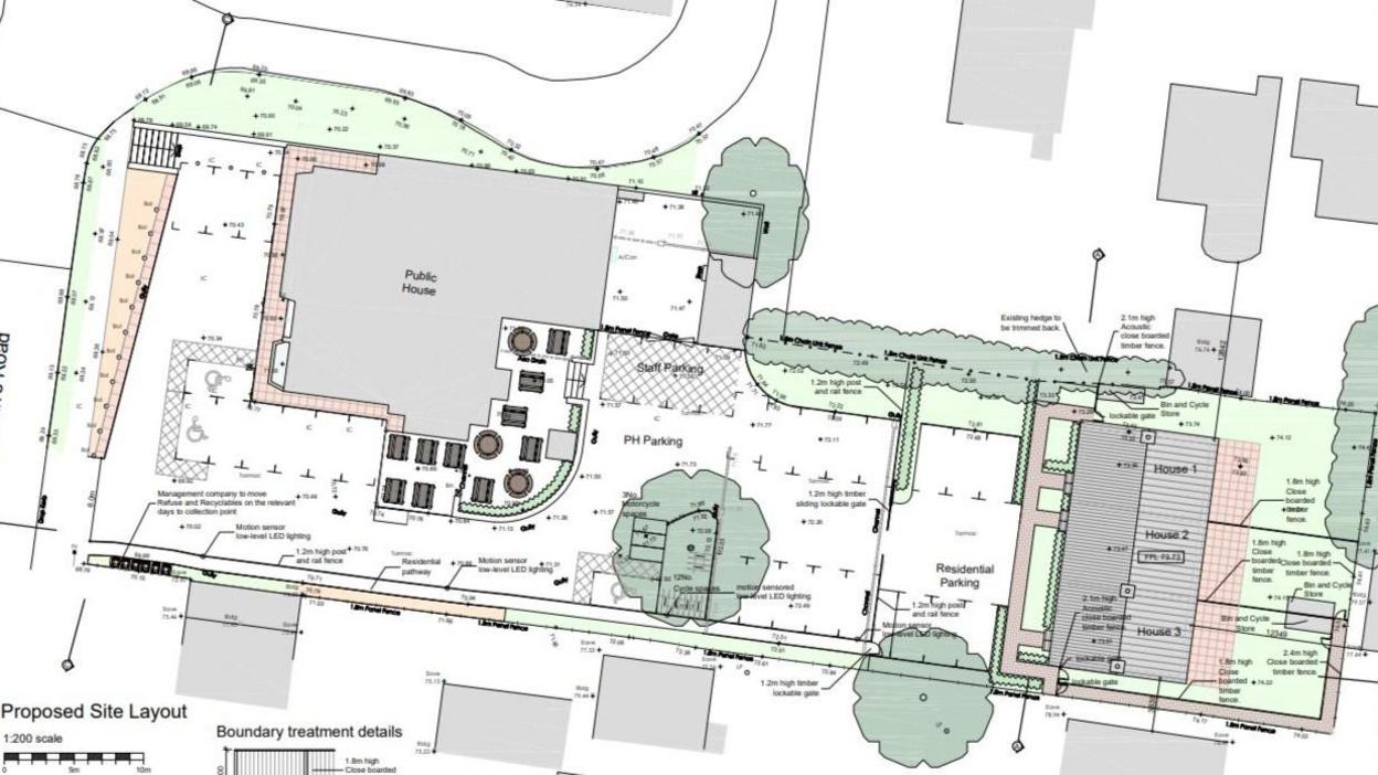 Plans showing the proposed site layout, including the pub, car park and the three homes.