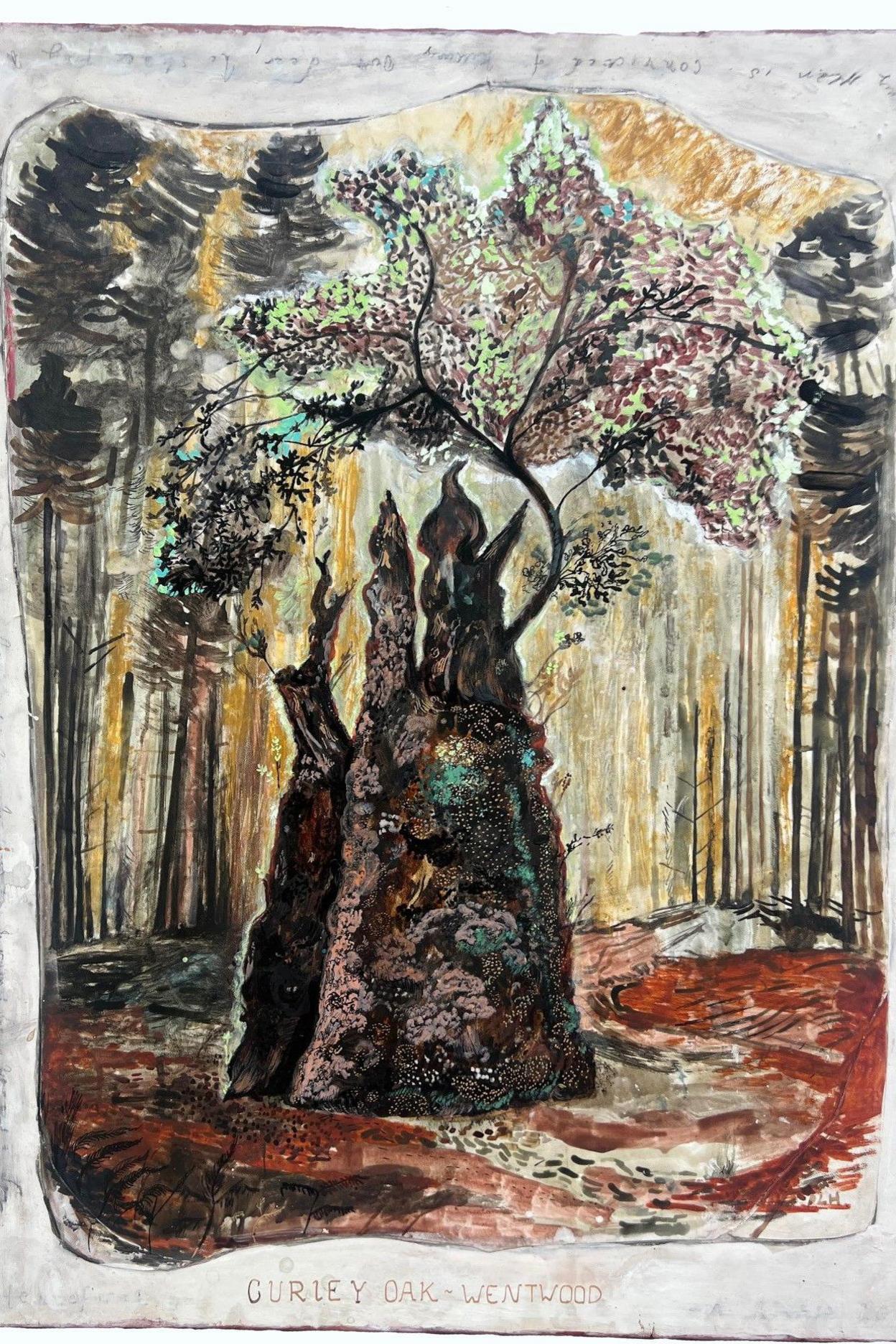 Painting of a large trunked tree in brown, black and orange and bits of bright green. The background trees are represented by black lines with scribbly tops. An ochre colour seeps through the woodland at the back and the foreground soil is a dark red. The main tree trunk is split into onion-domed points like a fairy-tale castle and the leaves float above it like colourful smoke.