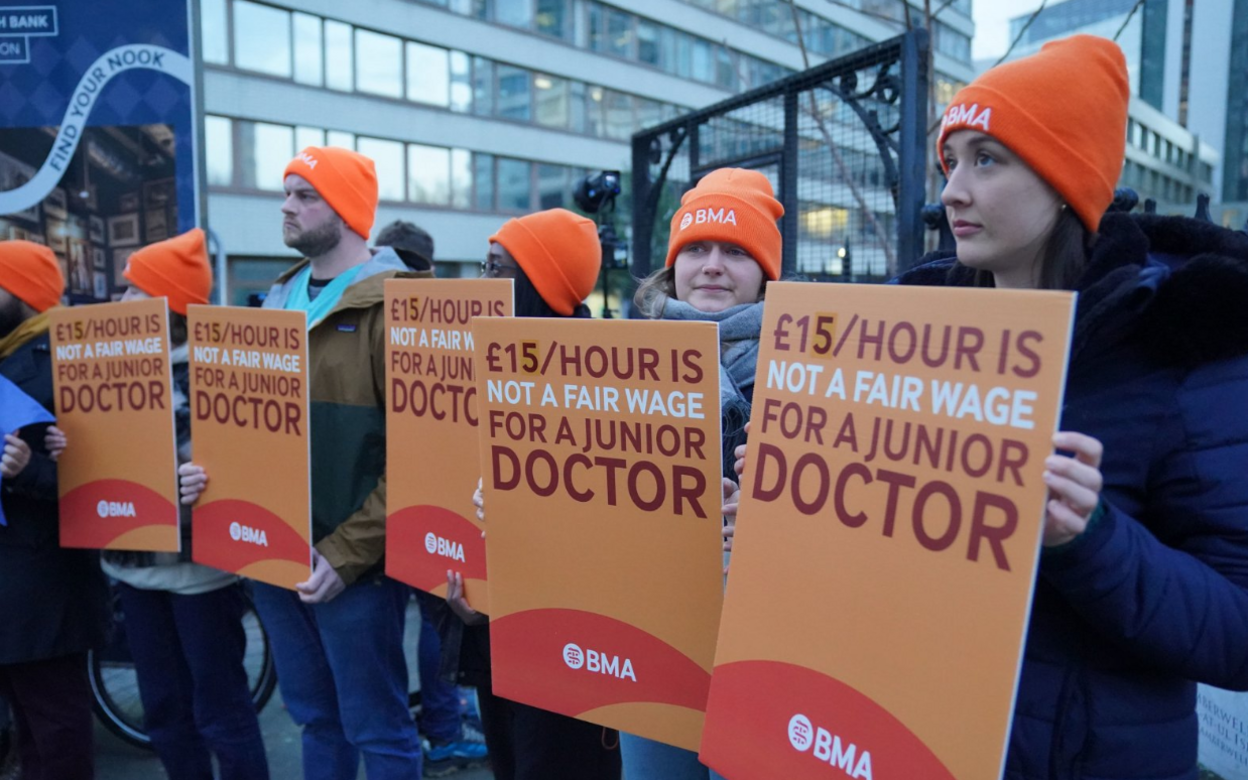 Junior doctors and members of the British Medical Association (BMA) outside St Thomas' Hospital, London, as they took to picket lines for six days during their continuing dispute over pay