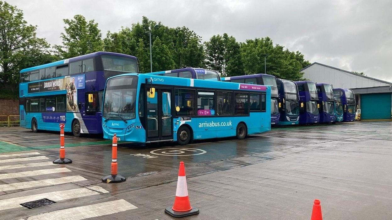 Arriva busses parked at a depot in Yorkshire. 