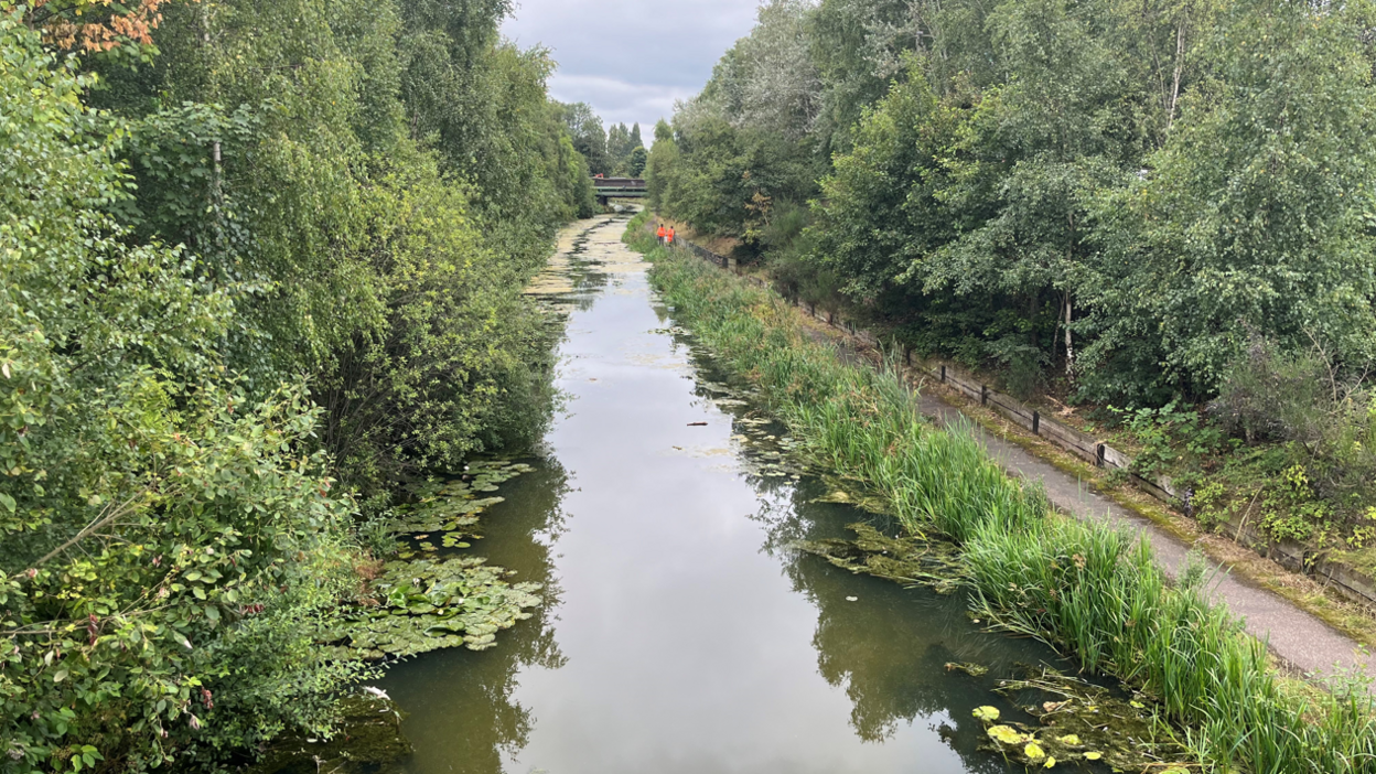 A canal with green-ish water, lined by green plants and trees with a bridge further in the distance, with two workers in orange hi-vis jackets working along the canal further away