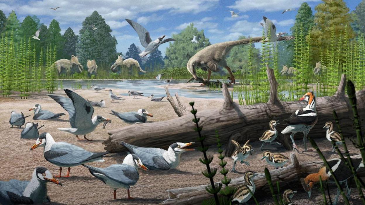 An illustration of birds living alongside dinosaurs in the Arctic