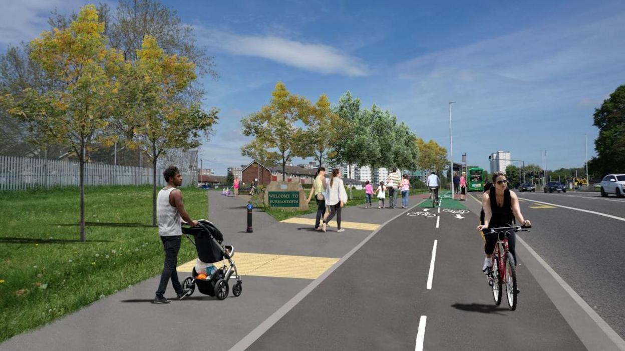 Artist's impression of finished scheme depicting pedestrians on a pavement next to a two-way cycle lane on which a woman is cycling