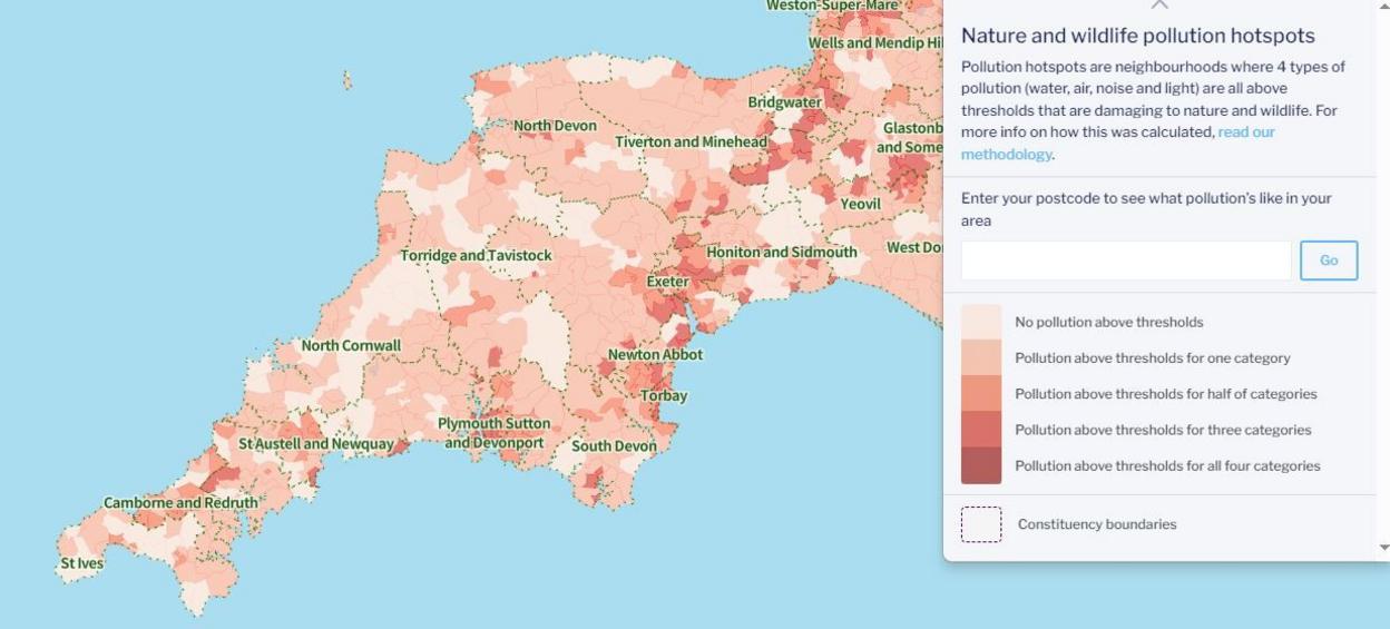 A map showing areas of higher and lower pollution with a key on the left