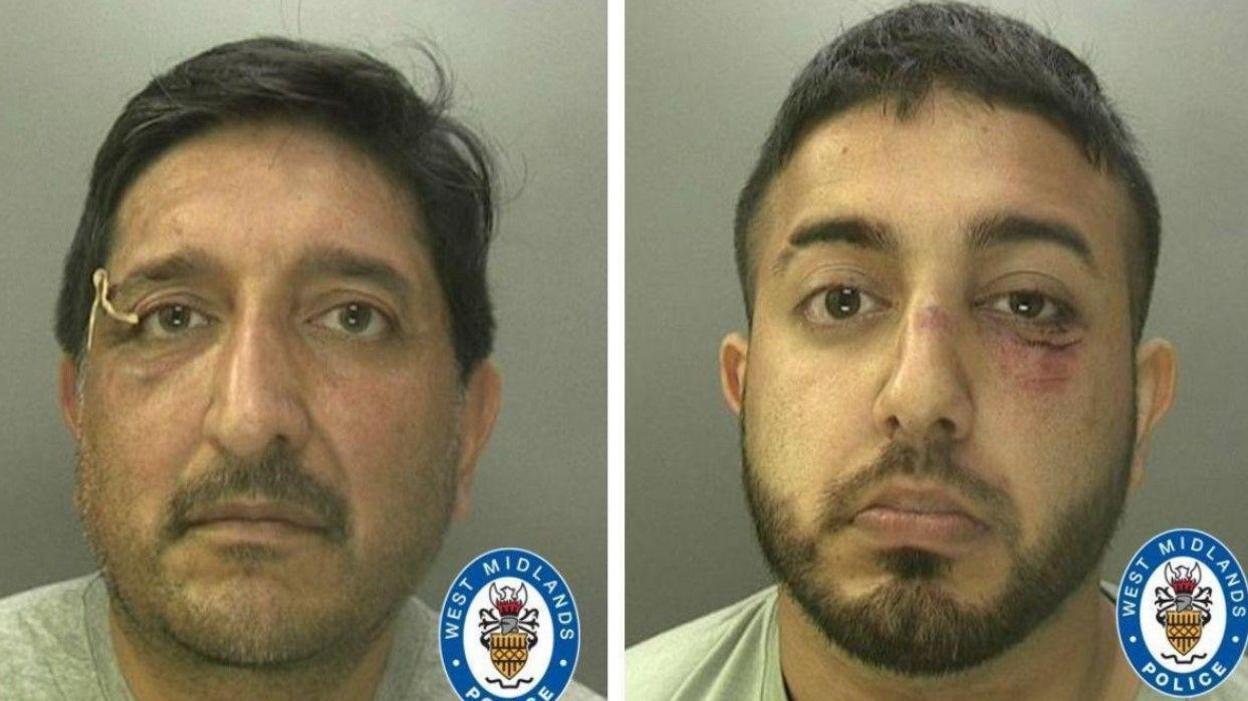 Mohammed Aslam (left) and his son Mohammed Nazir. They are both mugshot photos issued by West Midlands Police. Nazir has visible injuries under his eye. Both men appear to be wearing grey prison issue clothing.

