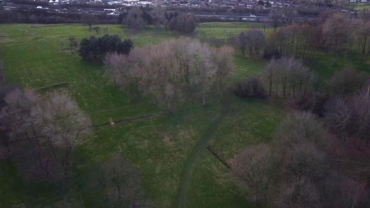 The image mainly features grass and trees, but buildings are just visible in the distance at the top of the photo.