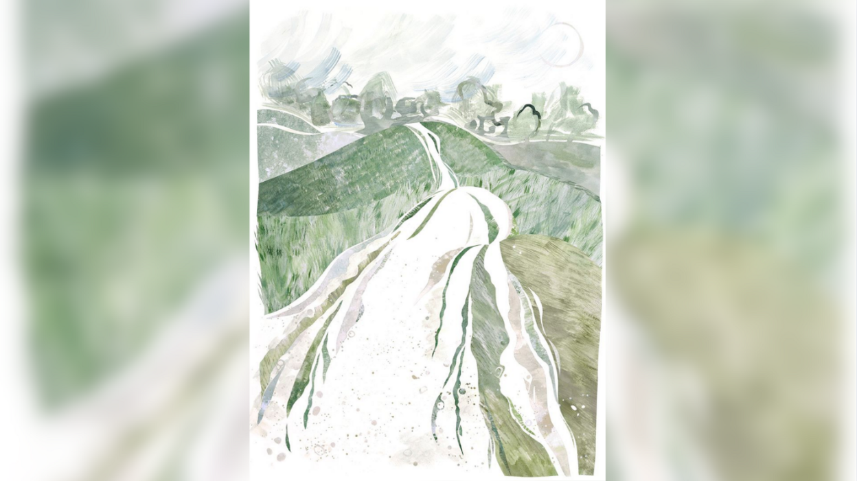 Painted collage in green, white and brown of a chalky path leading over some hills.
