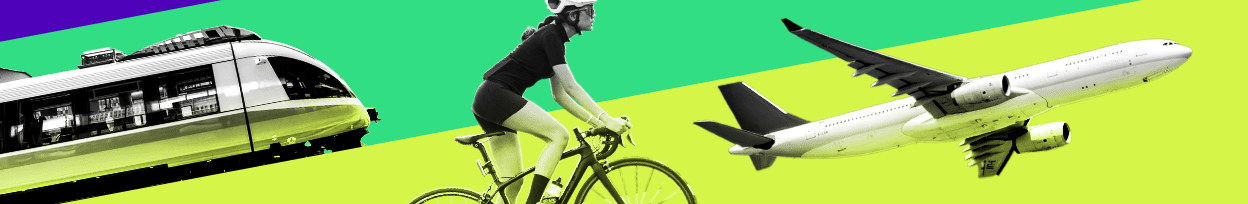 Banner with green and purple colours. There's an image of a train, bicycle and aeroplane.