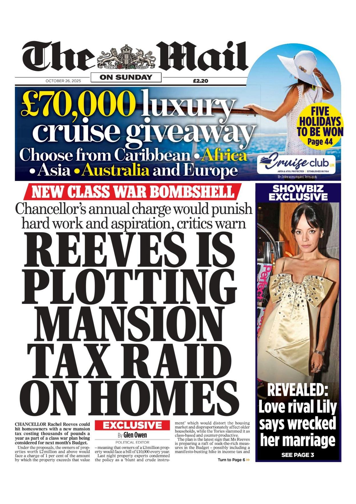 The headline on the front page of the Mail on Sunday reads: "Reeves is plotting mansion tax raid on homes".
