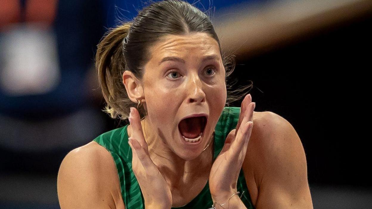 Kate O'Connor shows her delight after producing a new high jump personal best in Apeldoorn