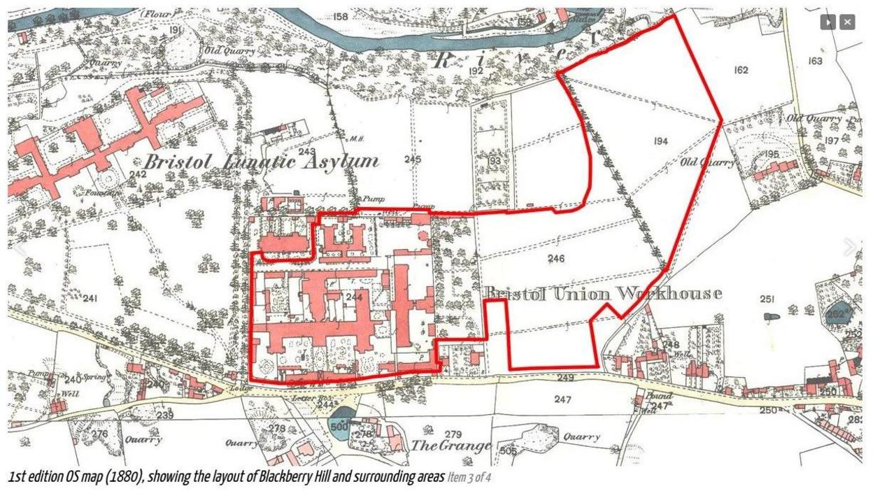 An old OS map dating to 1880 showing the layout of Blackberry Hill and the surrounding areas